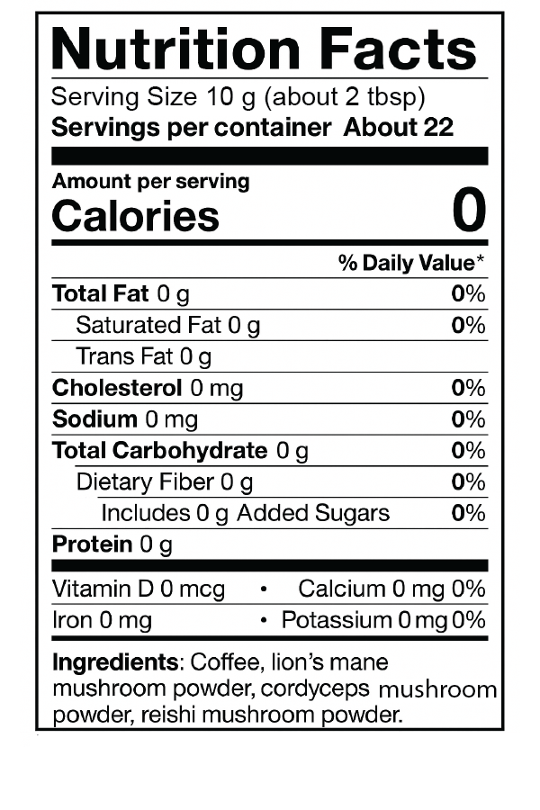 Medium Roast mushroom Coffee Nutrition Label