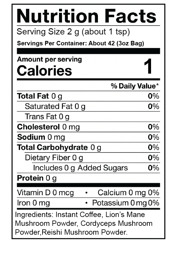 INSTANT MUSHROOM COFFEE NUTRITION LABEL