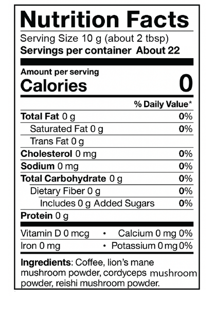 Medium Roast mushroom Coffee Nutrition Label